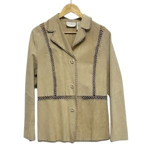 Tan Suede Button Down Jacket Crochet Accents Rodeo Boho Festival Size Large